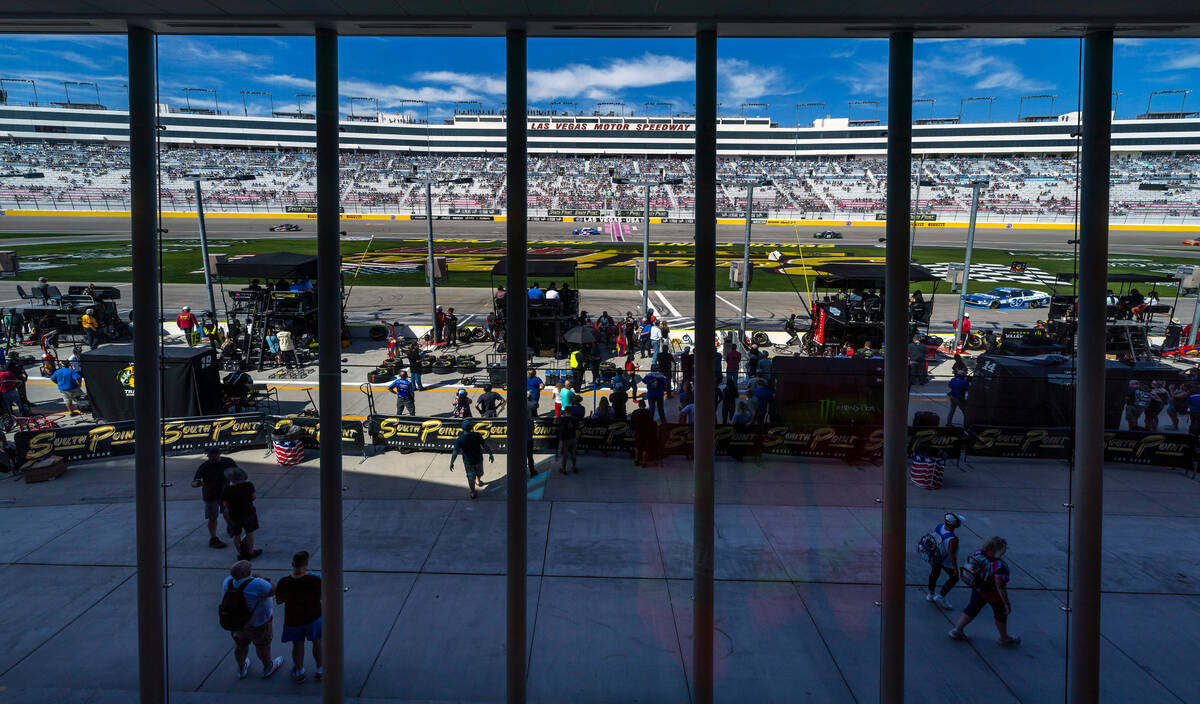 Drivers navigate the track as seen from the media center during the Alsco Uniforms 302 NASCAR X ...