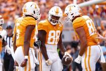 Tennessee tight end Princeton Fant (88) celebrates with teammates scoring a touchdown during th ...