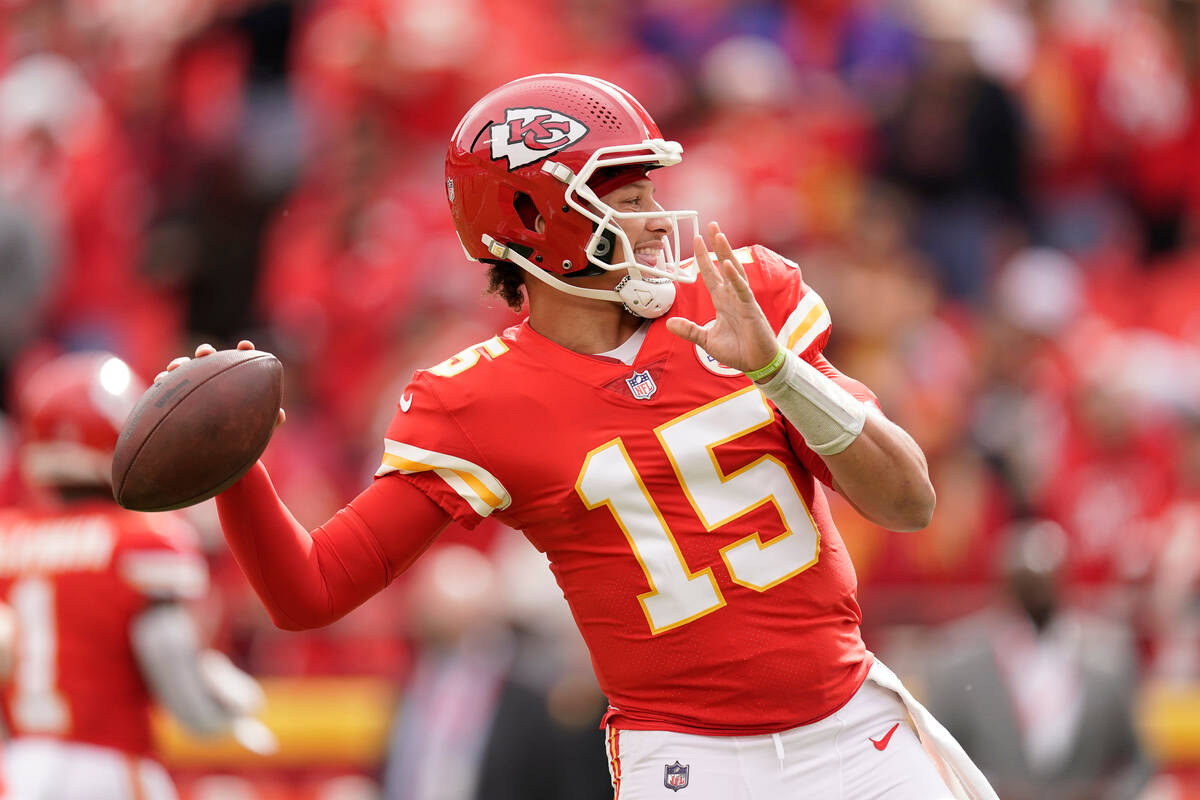 Kansas City Chiefs quarterback Patrick Mahomes warms up before the start of an NFL football gam ...