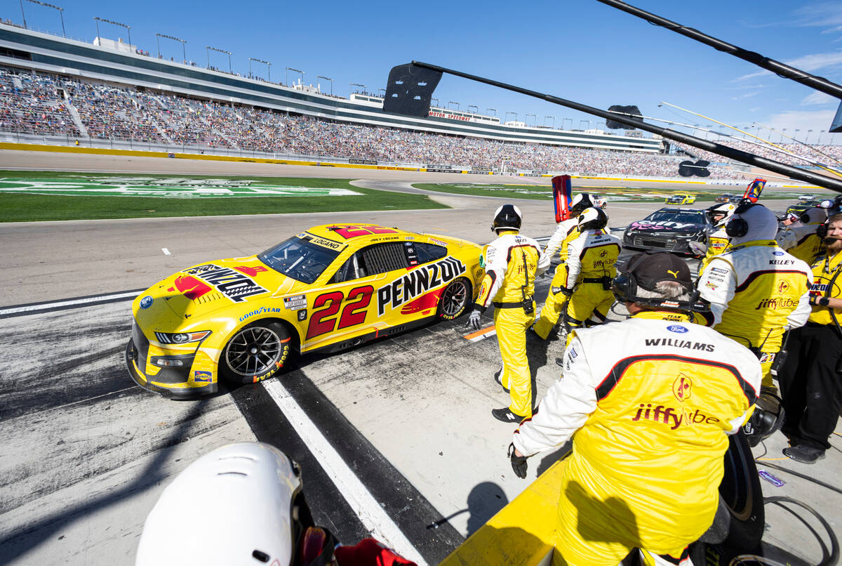 NASCAR Cup Series driver Joey Logano (22) makes a pit stop during the South Point 400 NASCAR Cu ...