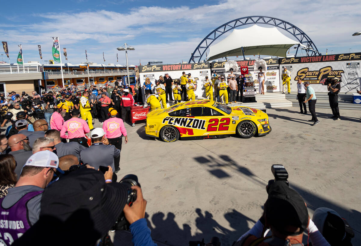 NASCAR Cup Series driver Joey Logano arrives at victory lane after winning the South Point 400 ...