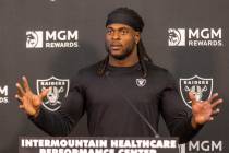 Raiders wide receiver Davante Adams speaks during a news conference at the Intermountain Health ...