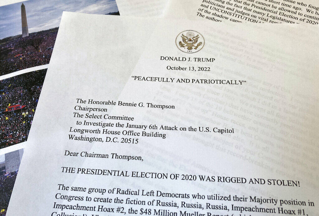 Pages of a letter from former President Donald Trump to Rep. Bennie Thompson, D-Miss., chairman ...