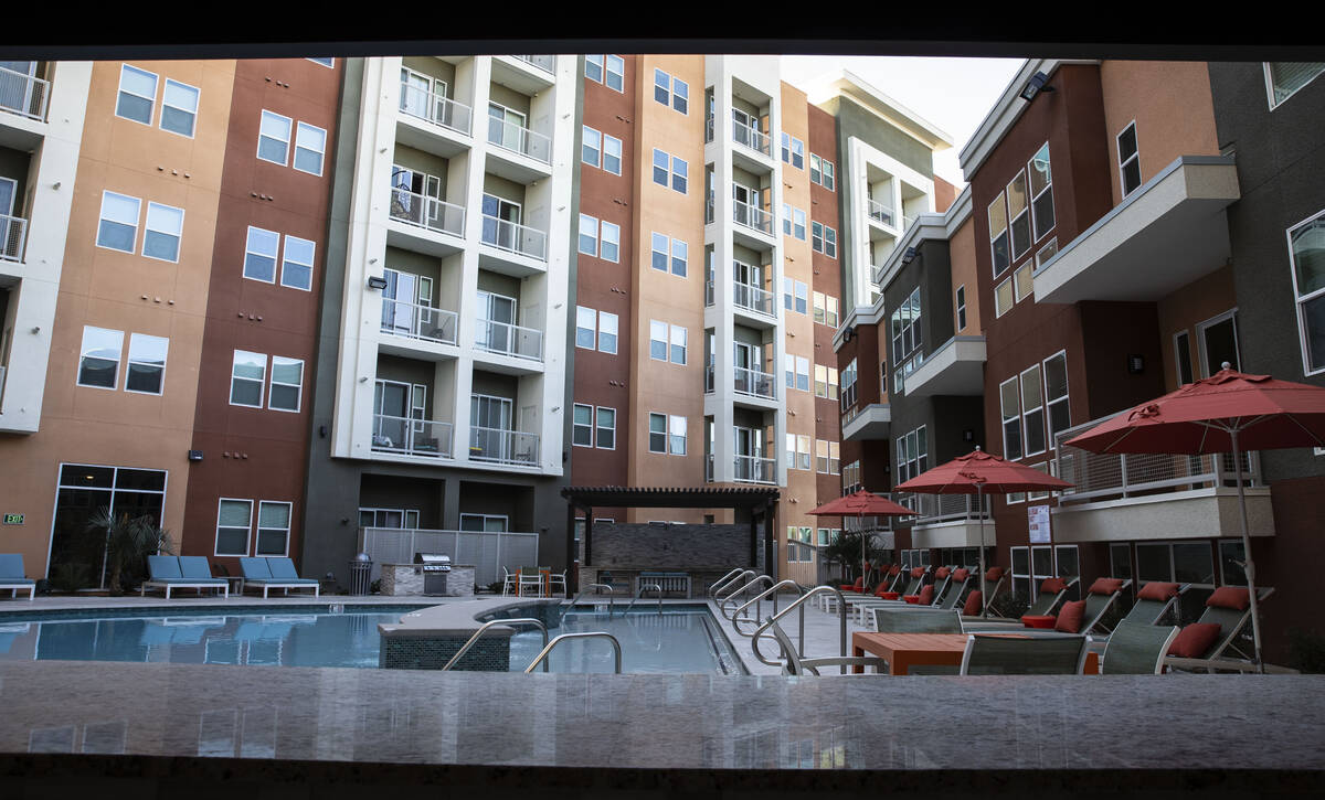 The pool area at Jade, a luxury apartment complex, is shown on Wednesday, Jan. 12, 2022, in Las ...