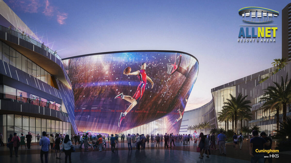 An artist's rendering of ex-NBA player Jackie Robinson's proposed arena and hotel project on th ...