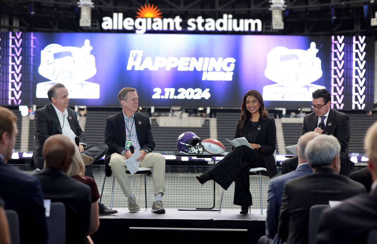 Las Vegas Super Bowl Committee members, from left, CEO Sam Joffray, Chairman Maury Gallagher, C ...