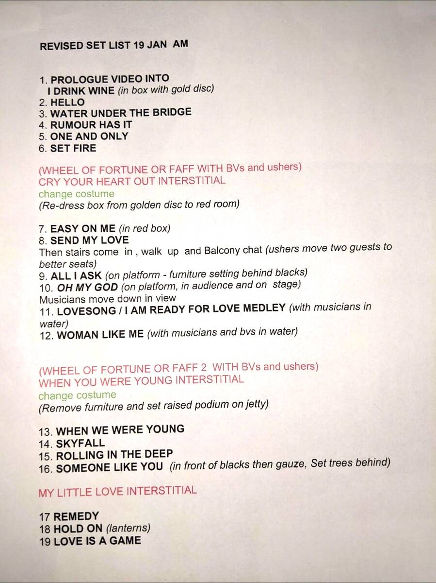 The "Weekends With Adele" set list as it appeared Jan. 19, 2022.