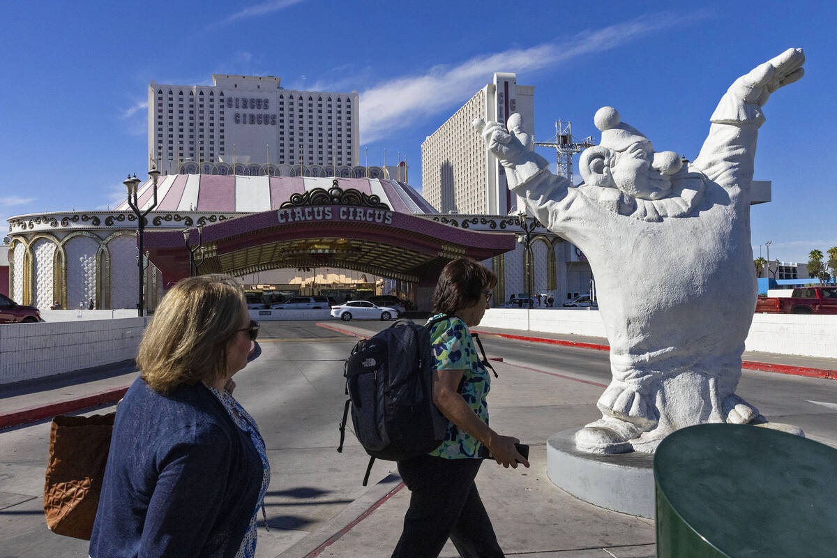 Pedestrians walk past Circus Circus, on Thursday, Oct. 20, 2022, in Las Vegas. (Bizuayehu Tesfa ...