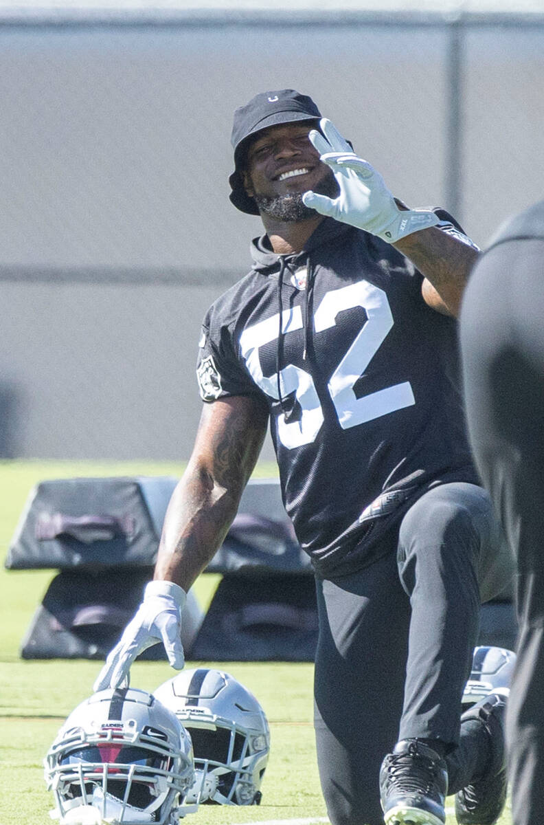 Raiders linebacker Denzel Perryman (52) waves during practice at the Intermountain Healthcare P ...