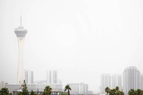 The Strip is hammered with high winds and dust on Monday, Oct. 11, 2021, in Las Vegas. Potentia ...