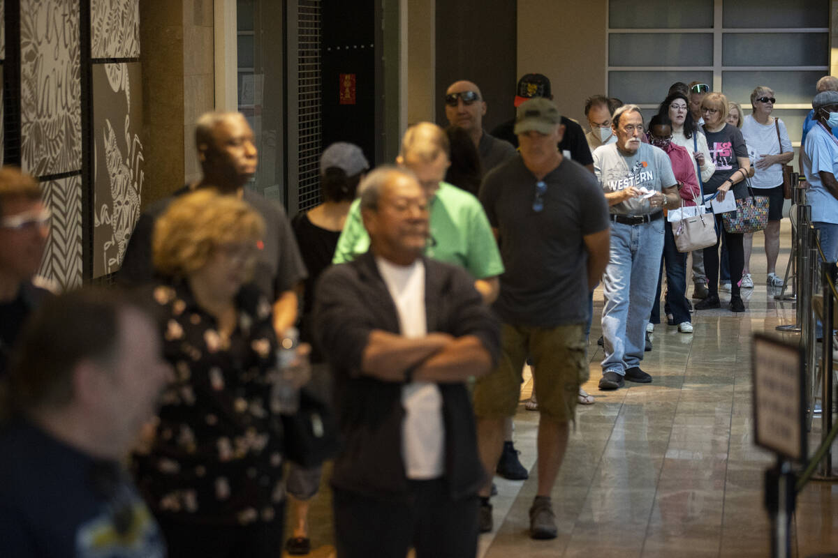 People wait in line to vote at the polling place inside of the Galleria at Sunset shopping mall ...