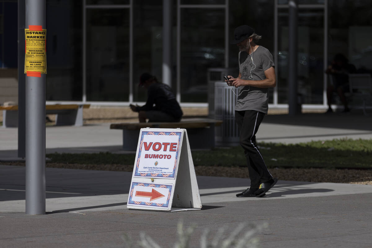 Polling place signage is seen outside of the East Las Vegas Library in Las Vegas, Saturday, Oct ...