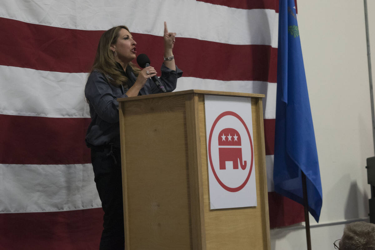 Republican National Committee Chairwoman Ronna McDaniel speaks to a rally in South Reno on Satu ...