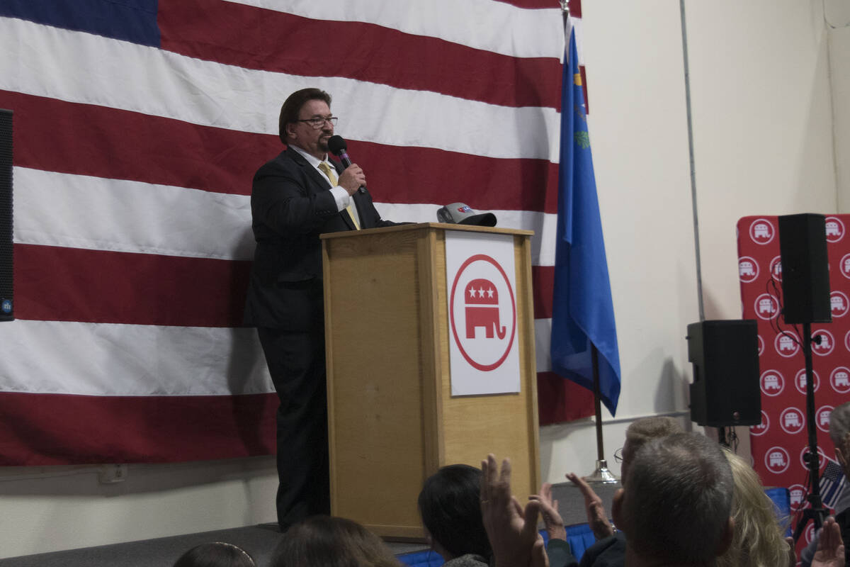Nevada GOP Chairman Michael J. McDonald speaks to a rally in South Reno on Saturday, Oct. 22, 2 ...