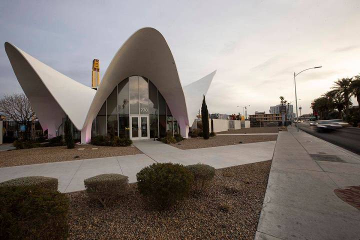 The exterior of the The Neon Museum, formerly the La Concha hotel lobby, in Las Vegas, on Tuesd ...