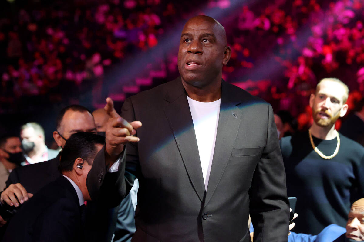 Magic Johnson attends a boxing event at T-Mobile Arena in Las Vegas, Saturday, Oct. 9, 2021. (E ...