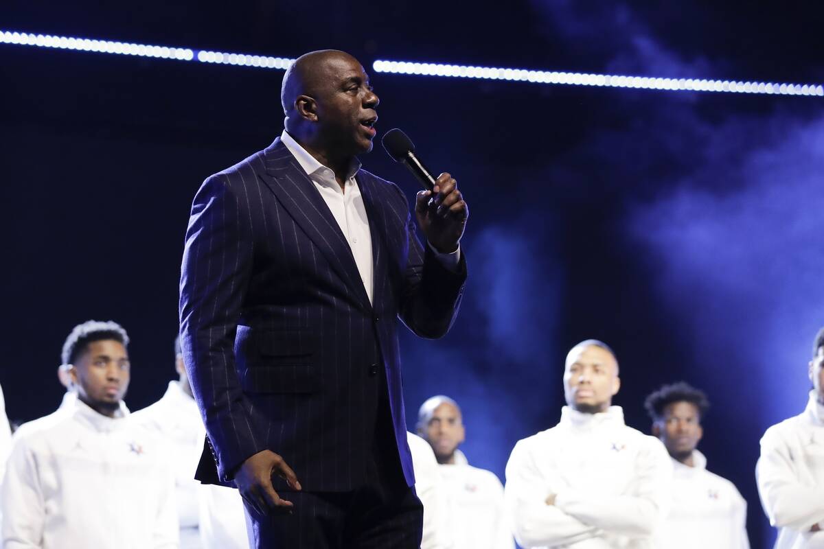 Magic Johnson speaks during a tribute to former NBA All-Star Kobe Bryant and his daughter Giann ...