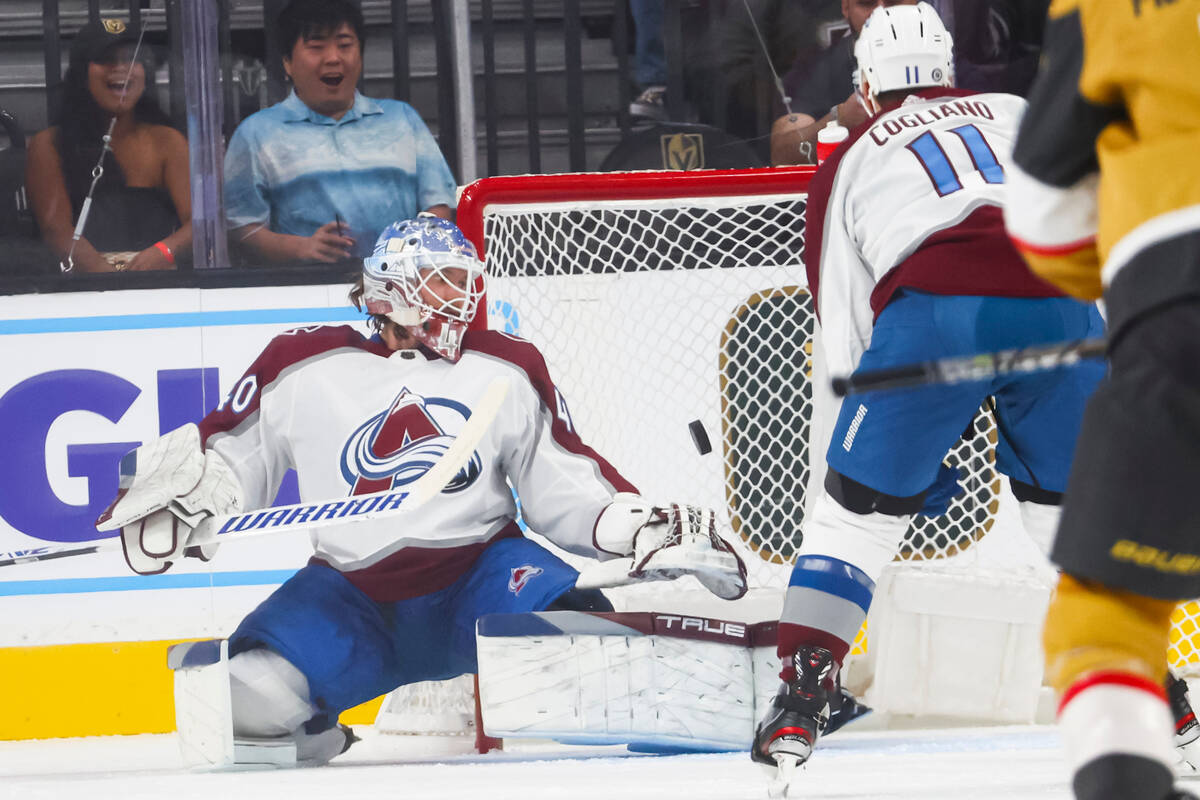 Colorado Avalanche goaltender Alexandar Georgiev gives up a goal to Vegas Golden Knights center ...