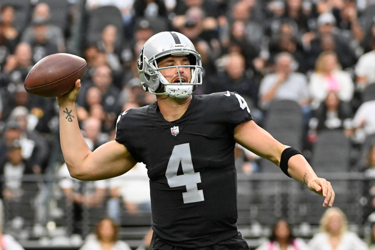 Las Vegas Raiders quarterback Derek Carr throws a pass during the first half of an NFL football ...