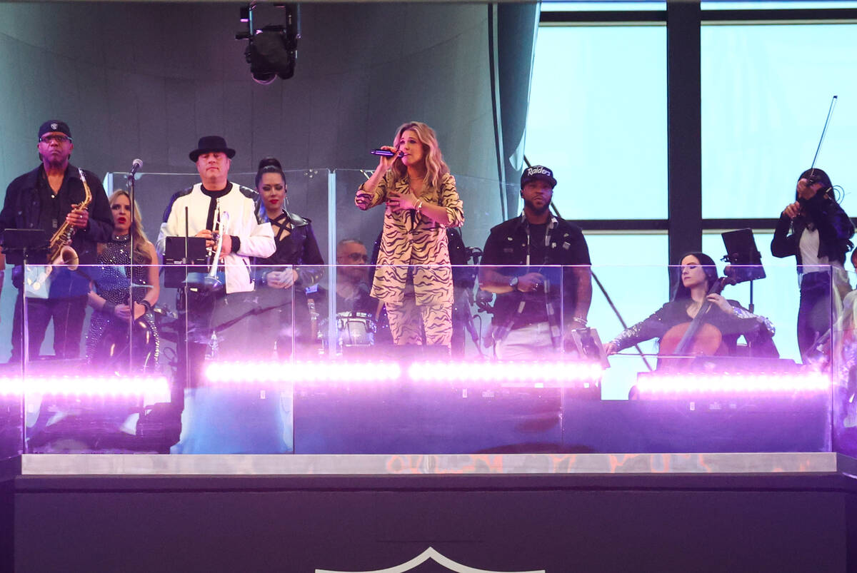 Rachel Platten performs before the start of an NFL game at Allegiant Stadium on Sunday, Oct. 23 ...