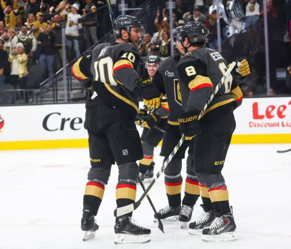 Vegas Golden Knights center Nicolas Roy (10) celebrates his goal against Toronto Maple Leafs go ...