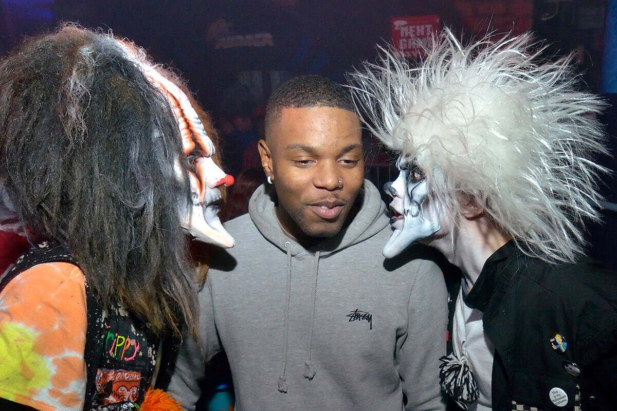 Jullian Carrabis as Trippy the Clown, left, and Christian Loeks, as Hazard, right, get up close ...