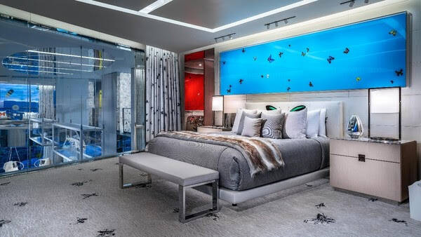 A bedroom in the Empathy Suite Sky Villa at the Palms which is a part of the $150,000 per night ...