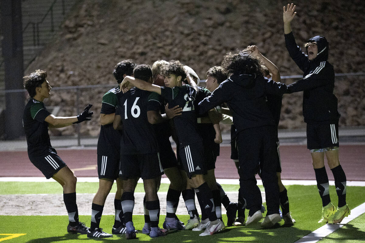 Palo Verde rallies around their Yuval Cohen after he scored on Cimarron-Memorial during a boys ...
