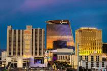 The downtown Las Vegas skyline at dusk on Wednesday, Oct. 20, 2021, in Las Vegas. (Benjamin Hag ...