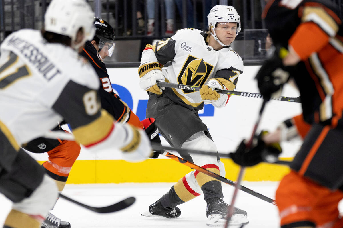 Golden Knights center William Karlsson (71) takes a shot on goal during the first period of an ...