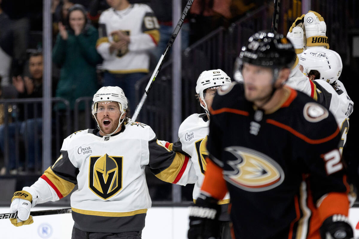 Golden Knights center Jonathan Marchessault (81) celebrates after center Chandler Stephenson (2 ...