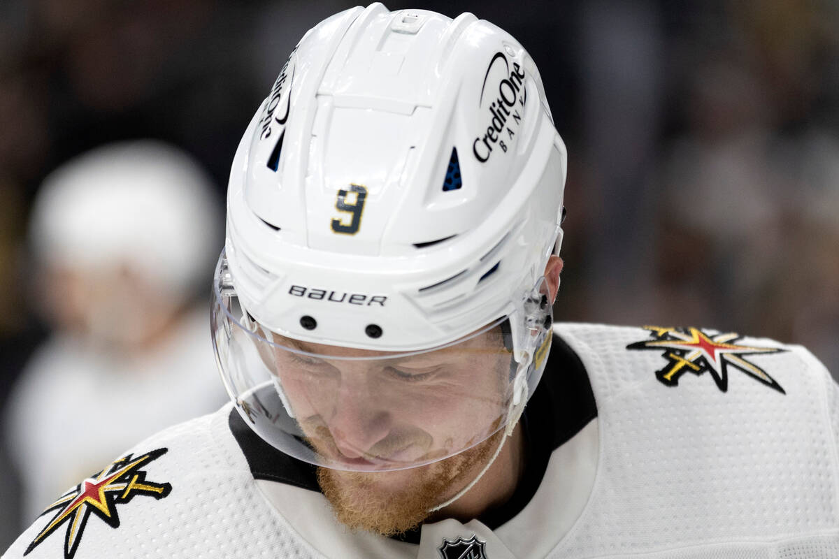 Golden Knights center Jack Eichel (9) cracks a smile in between active play during the second p ...