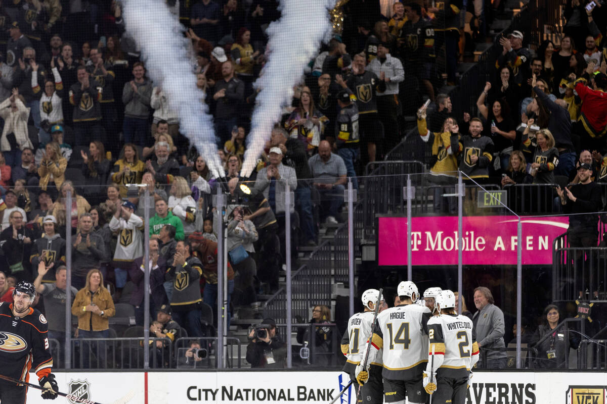 The Golden Knights gather to celebrate a goal scored by center Nicolas Roy (10) during the seco ...