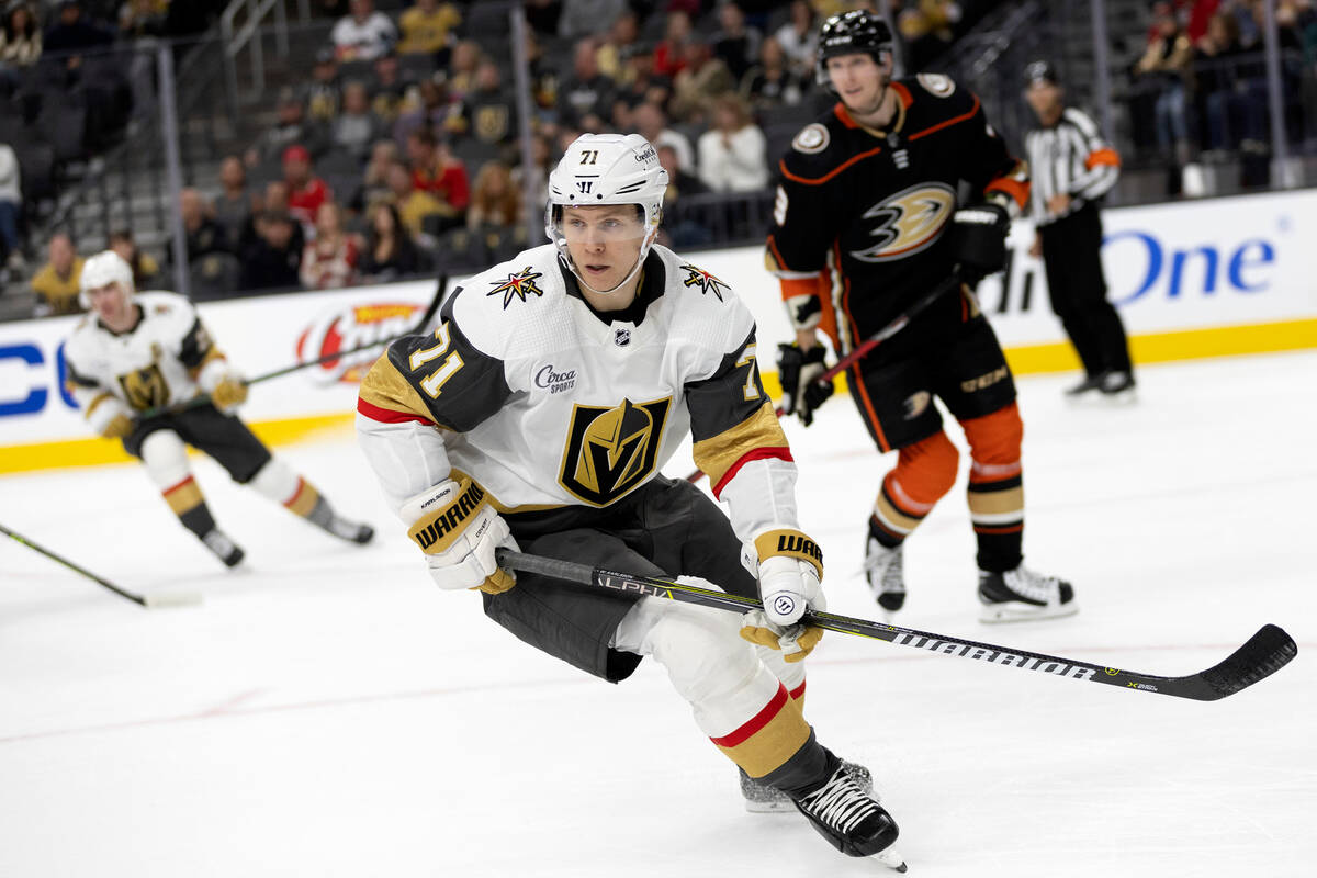 Golden Knights center William Karlsson (71) anticipates a pass during the third period of an NH ...