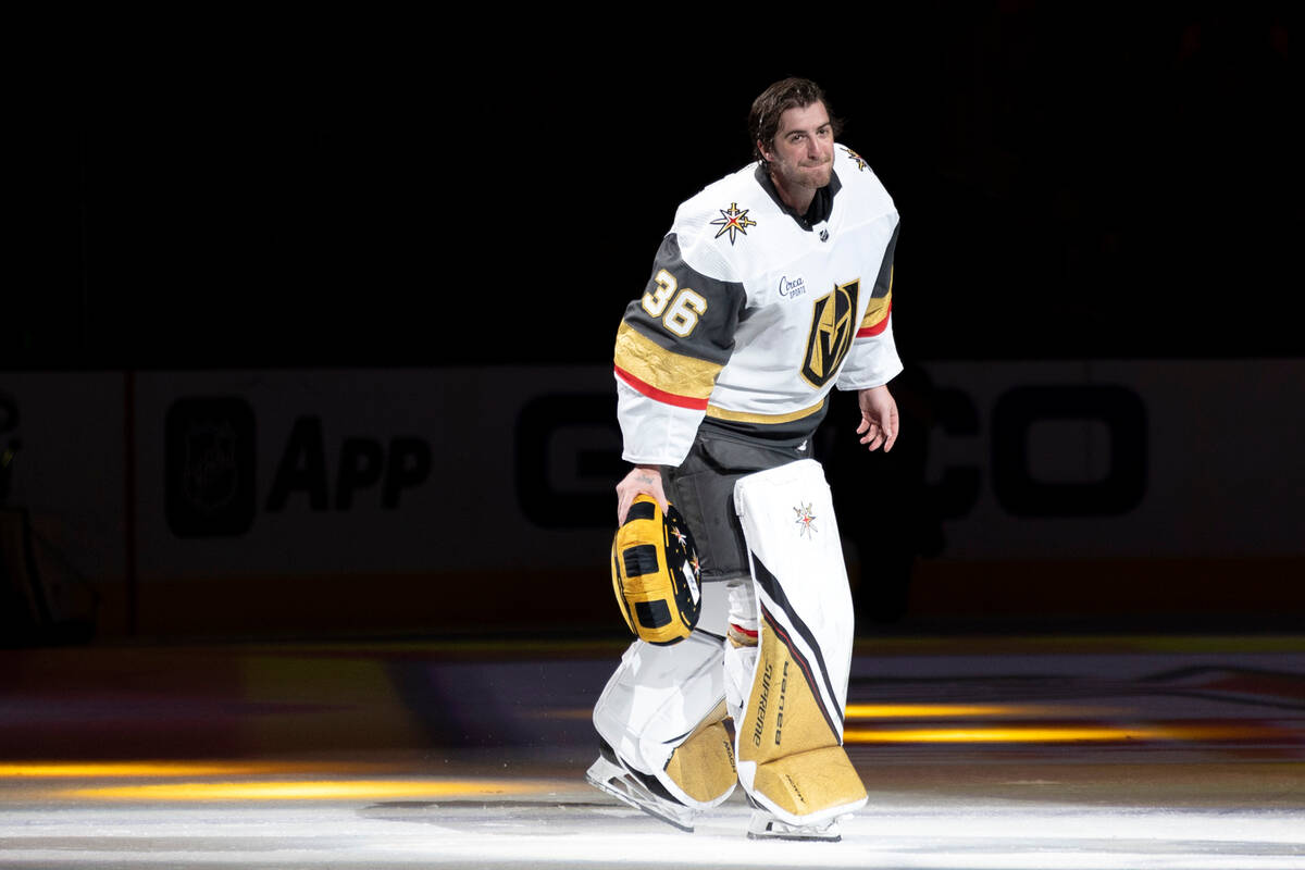 Golden Knights goaltender Logan Thompson (36) takes the ice to be recognized as a player of the ...