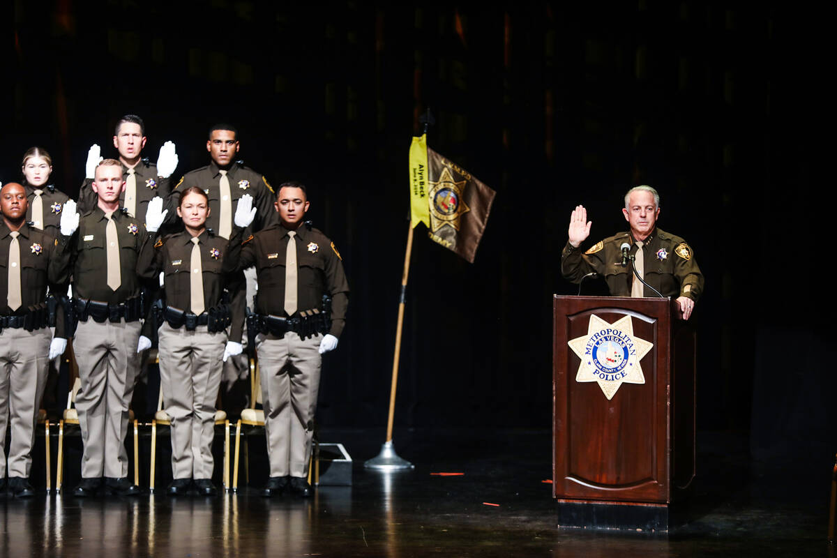 Clark Country Sheriff Joe Lombardo swears in the newest class of new police recruits at the Met ...