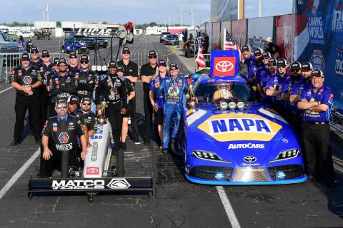 The racing teams of Antron Brown, left, and Ron Capps, are seen in September in Brownsburg, Ind ...