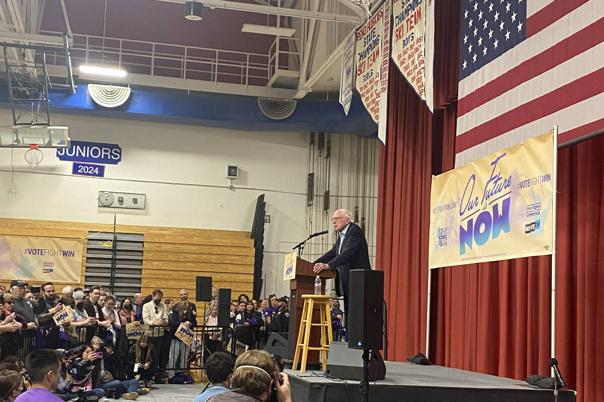 Sen. Bernie Sanders, I-Vt., speaks during the “Our Future is Now Tour,” at Reno ...