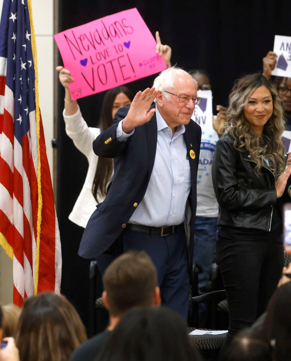 U.S. Senator Bernie Sanders waves to the supporters as he takes the podium to speaks at East La ...