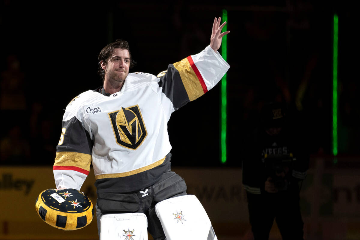 Golden Knights goaltender Logan Thompson (36) takes the ice to be recognized as a player of the ...