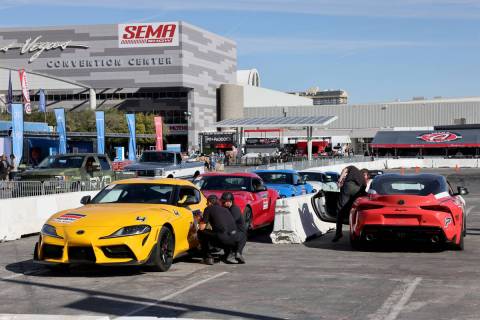 Workers set up the eBay Motors Drift Experience ahead of the Specialty Equipment Market Associa ...