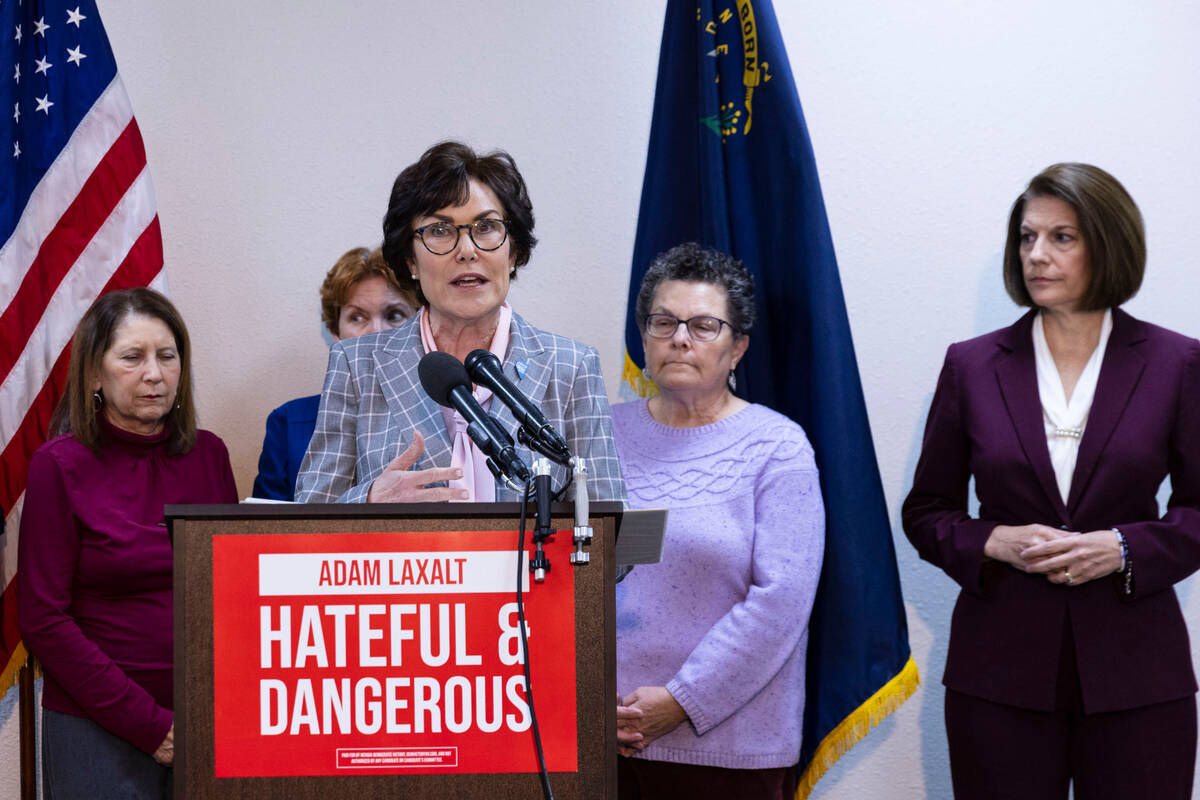 U.S. Sen. Jacky Rosen speaks as she and Sen. Catherine Cortez Masto, right, joined Jewish commu ...