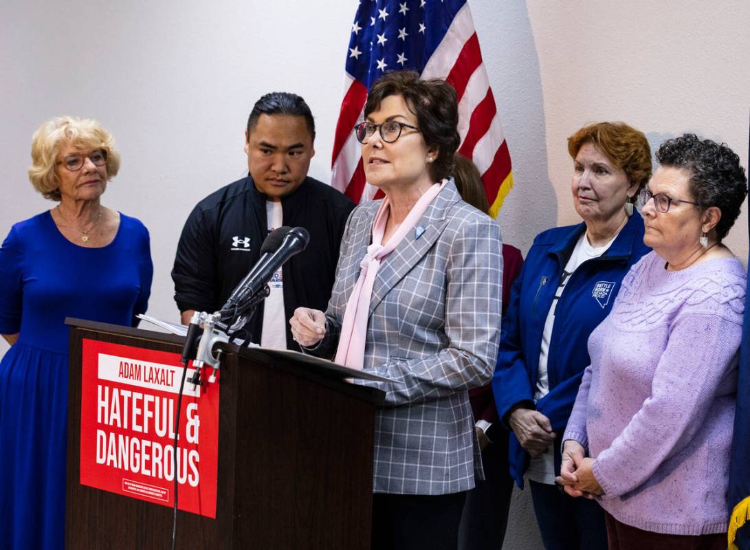 U.S. Sen. Jacky Rosen speaks as she joined Jewish community leaders with U.S. Sen. Catherine Co ...