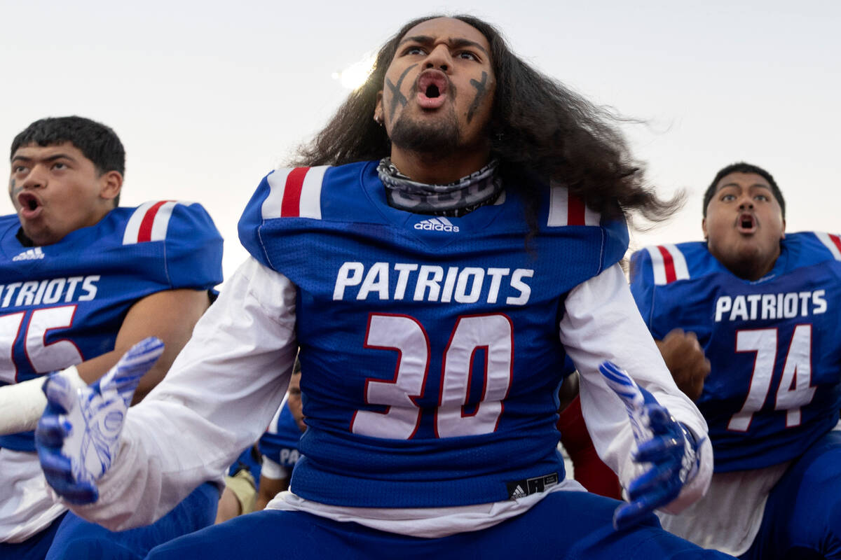 Liberty’s Jacob Maiava (75), Tofiga Fiaseu (30) and Leroy Taula (74) perform the traditional ...