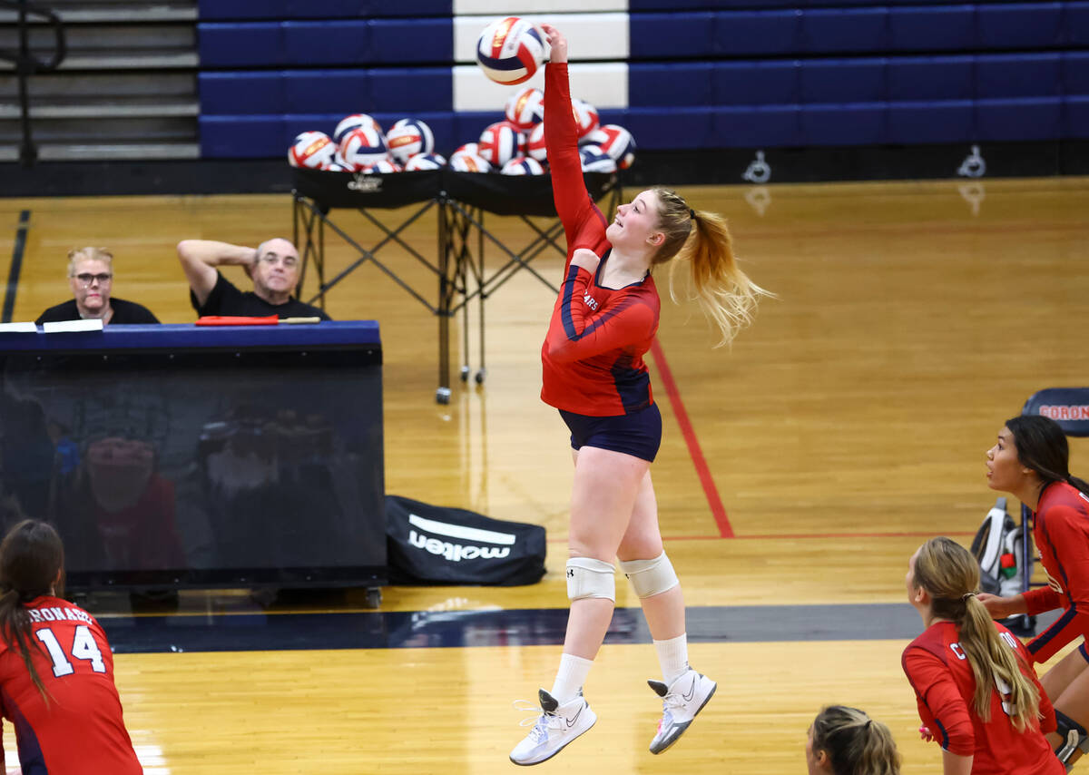 Coronado's Abigail Paulson (13) sends the ball over the net against Shadow Ridge during a volle ...