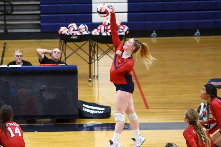 Coronado's Abigail Paulson (13) sends the ball over the net against Shadow Ridge during a volle ...