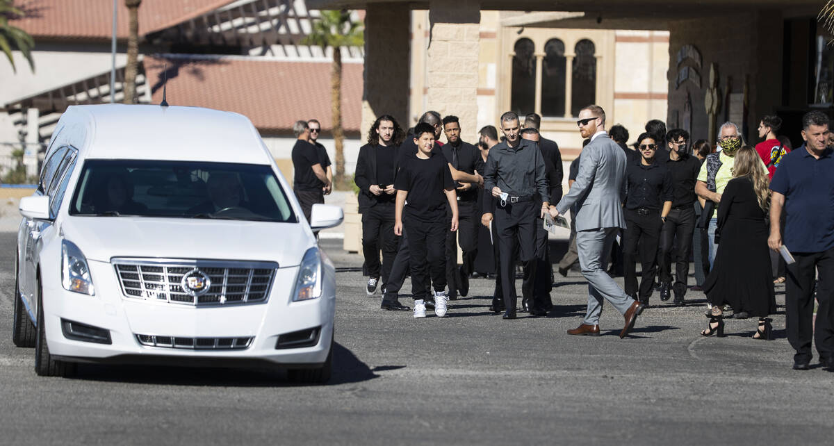 Mourners leave St. Simeon Serbian Orthodox Church after attending Tina Tintor’s funeral servi ...