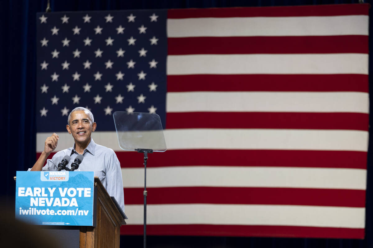 Former President Barack Obama speaks during a campaign rally organized by Nevada Democratic Vic ...