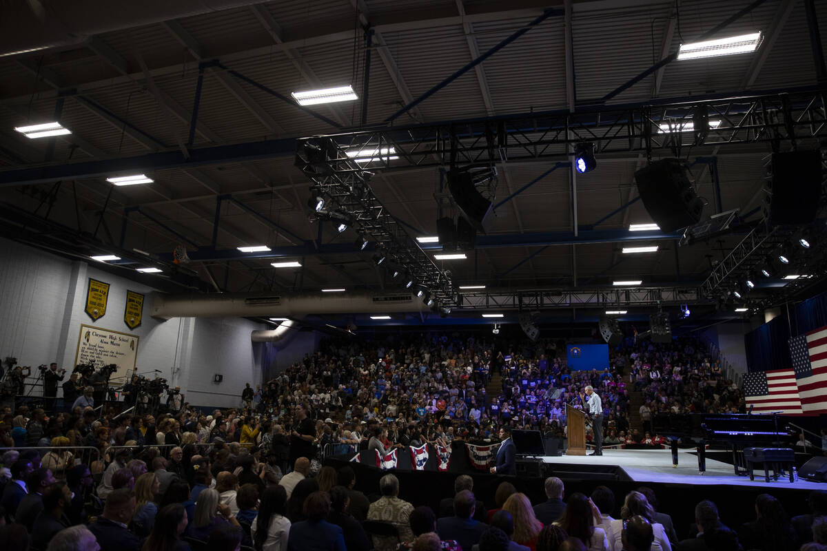 Former President Barack Obama speaks during a campaign rally organized by Nevada Democratic Vic ...