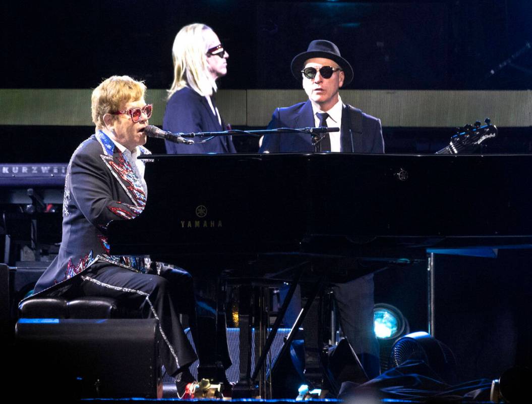 Elton John performs during his ''Farewell Yellow Brick Road,'' final tour at Allegiant Stadium, ...